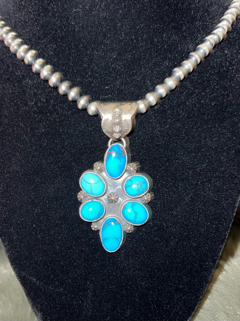Sterling Silver Turquoise Cluster Pendant 
Native made by Phil Nez